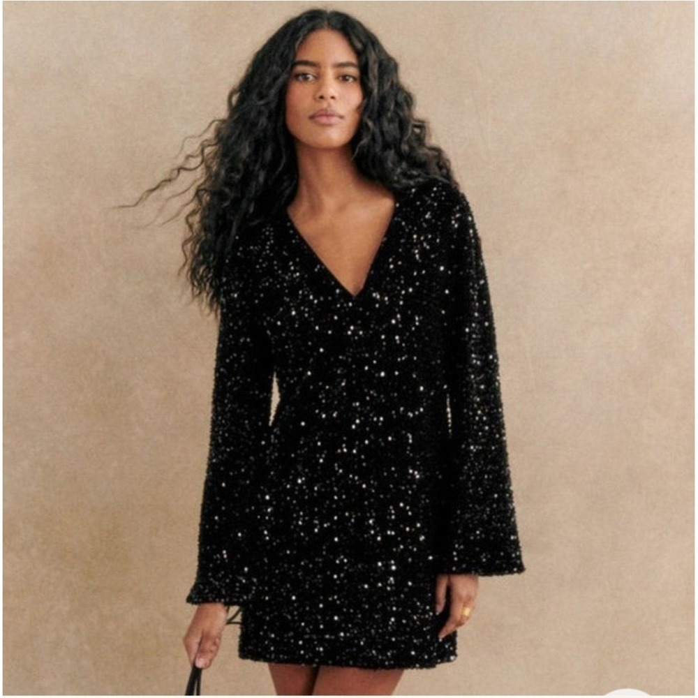 Sezane "Halet" Black Velvet w/ Sequins V-Neck Mini Dress, Sz FR 34/US 2-4
